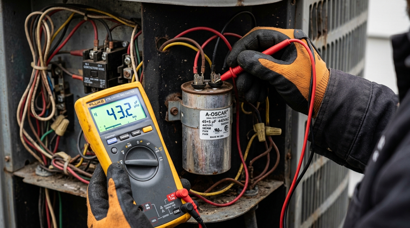 Digital multimeter measuring 43.2 microfarads on 45+5 uF AC dual run capacitor in Pflugerville